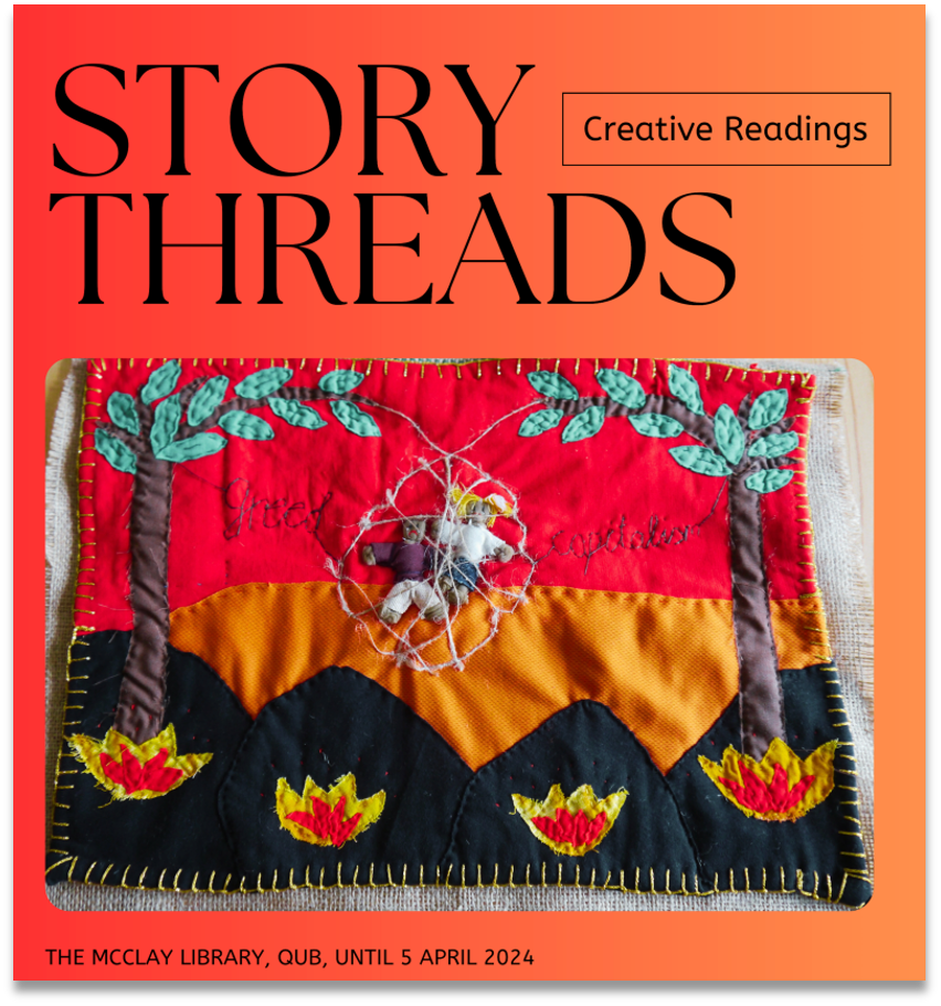 Story Threads heading on red background with photo of stitching